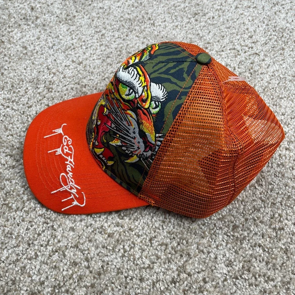 Ed Hardy Trucker Hat Embroidered Tiger Big Graphic Spellout Orange Snapback OS